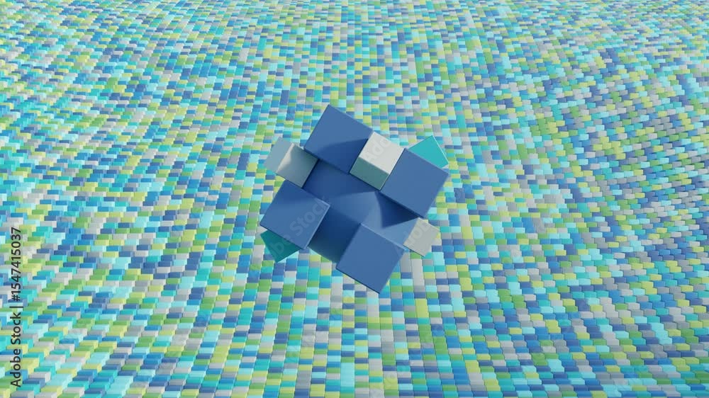 Poster abstract 3d render featuring geometric gray-blue cubes in rotating and translating motion, seamless 