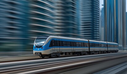 Modern light blue and grey metro train in motion through Dubai cityscape with motion blur effect, tall gray buildings under clear midday sky, reflections on sleek surfaces