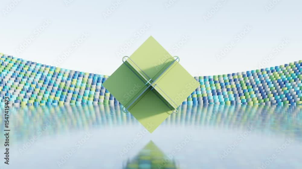 Poster abstract 3d loop with synchronized movement of green square plates above a cool color background in 