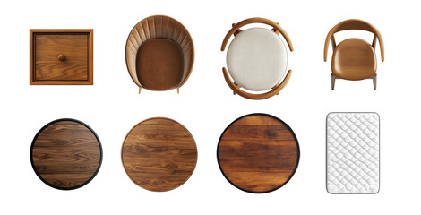 A collection of stylish wooden furniture pieces, including trays, chairs, and tables, showcasing modern design and craftsmanship. Ideal for interior design inspiration.
