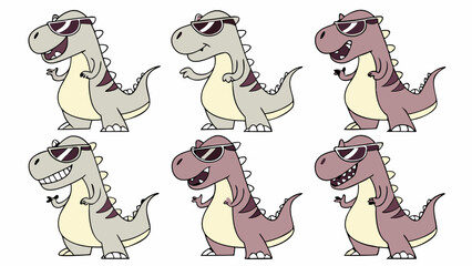 Six Cool Cartoon T Rex Dinosaurs with Sunglasses in Gray and Pink Hues, Featuring Various Poses and Happy Expressions, Vector Illustration Set.
