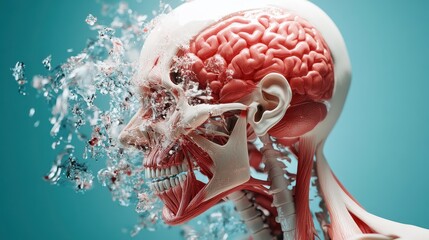 Naklejka premium This striking image showcases a detailed human skull, revealing intricate anatomy while dynamic water elements highlight the connections between life and knowledge.