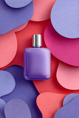 Cosmetic Bottle on Abstract Layered Pink and Purple Paper Cut Background