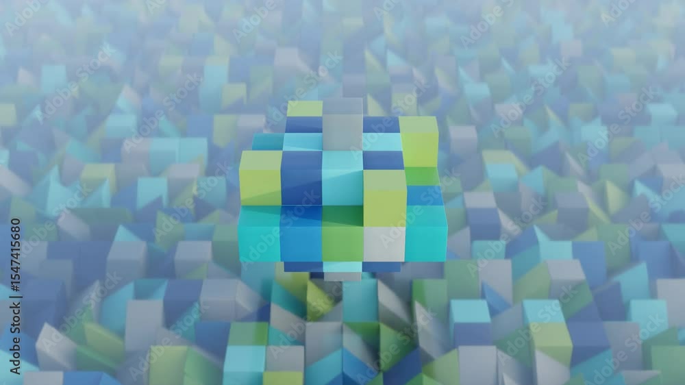 Aufkleber blue-green cubes rotating in a structured 3d layout, seamless geometric animation with abstract visu