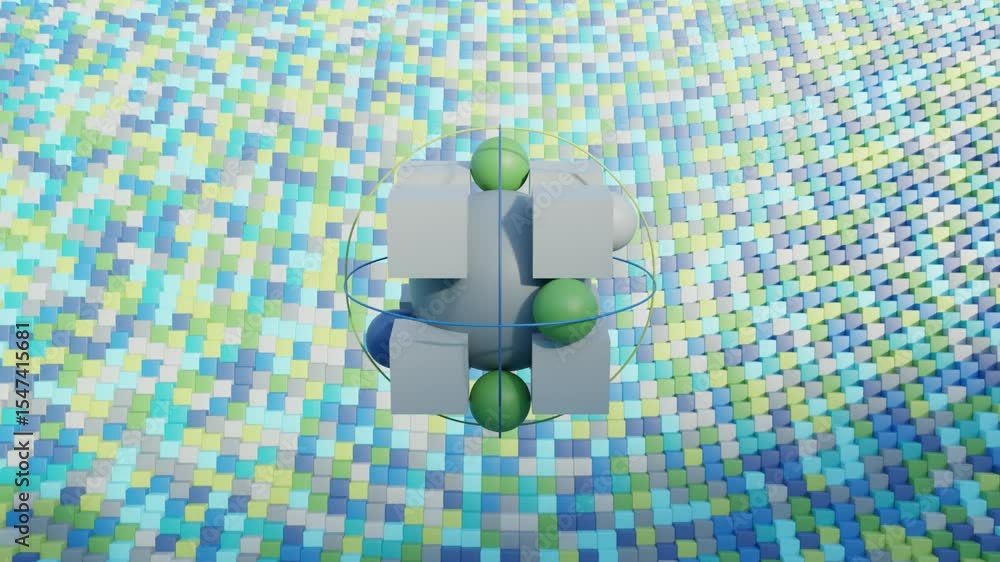 Aufkleber 3d animation with cube and multiple spheres moving above a soft-toned blue, green, and gray backgrou