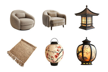 A collection of stylish home decor items including a cozy chair, elegant lanterns, a decorative rug, and an ornate lamp, perfect for enhancing any living space's aesthetic.