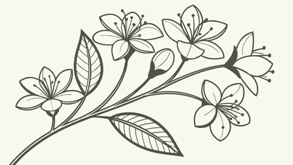 Detailed black and white line art illustration of a delicate cherry blossom branch with blooming spring flowers, a bud, and leaves, perfect for elegant botanical designs.