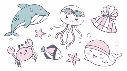 Cute Pastel Sea Animals Cartoon Illustration. Kawaii Marine Life Doodle with Dolphin, Jellyfish, Crab, Fish, Starfish, and Swim Cap.