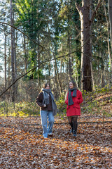 Two female friends on a walk in the forest. Friends walking through the forest. People in nature.