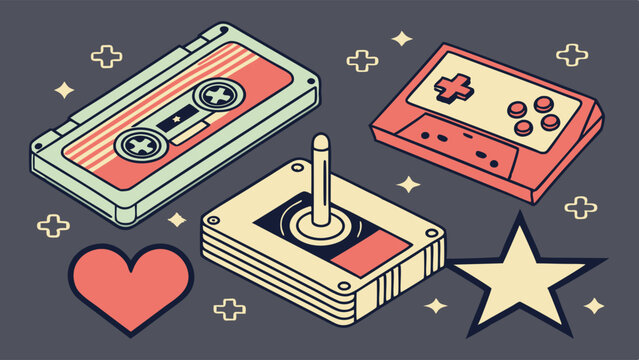 Isometric Retro 80s 90s Gaming and Vintage Tech Illustration Featuring Cassette Tape Joystick Handheld Console Heart Star Sparkles