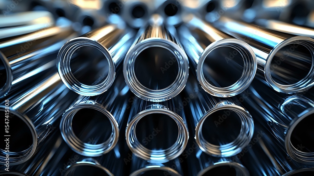 Poster shiny metal pipes or tubes arranged in rows creating industrial pattern with circular openings. clos