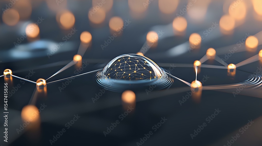 Poster glowing network connections with central neural hub dome surrounded by illuminated nodes on dark sur