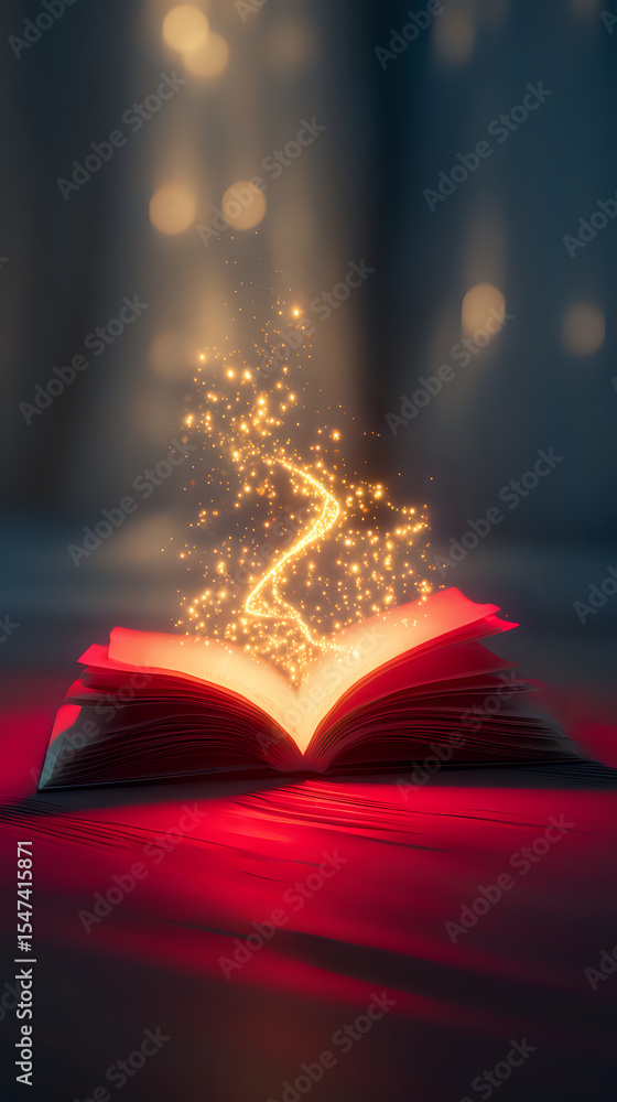 Aufkleber magical open book with glowing golden light trail and sparkles rising from pages against dark backgr
