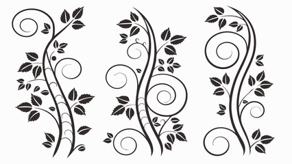 Three elegant black silhouette floral vines with swirling scrolls and delicate leaves. Decorative vector plant branches, perfect for ornate design elements and elegant borders.