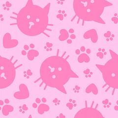 Seamless pattern with cute head and paw cats. Hand drawn fun childish print. Monochrome print. Pink colors. Vector illustration