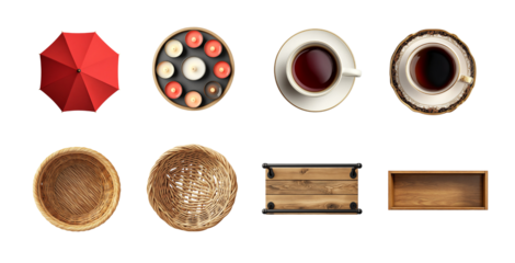 A vibrant collection of food-related items, including a red umbrella, plates of delicacies, and coffee cups set against various wooden trays. Perfect for culinary-themed projects.