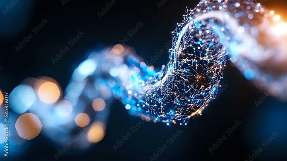 Poster glowing digital wave with connected dots and lines on dark background with bokeh lights creates futu