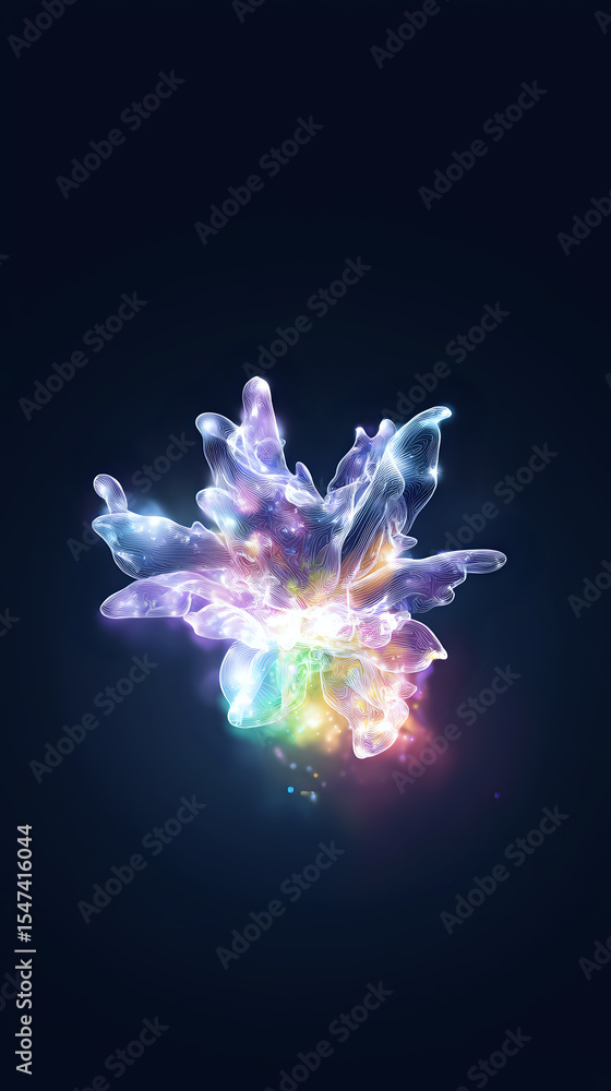 Poster luminescent flower with translucent petals glowing in rainbow colors against dark background, creati