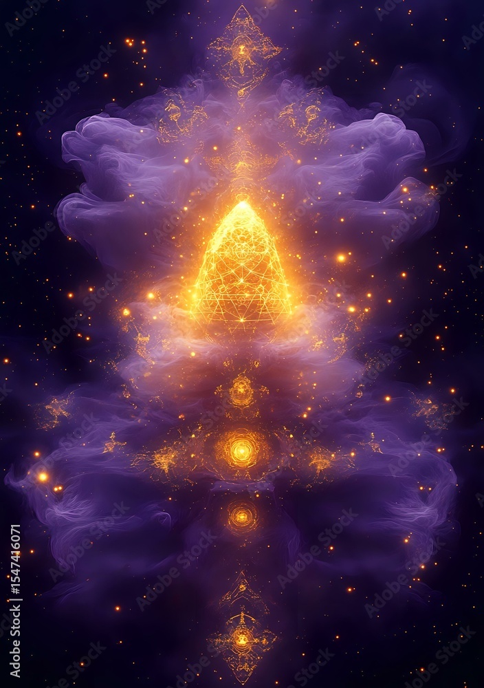 Poster mystical glowing triangle with sacred geometry patterns floating in purple cosmic clouds, surrounded
