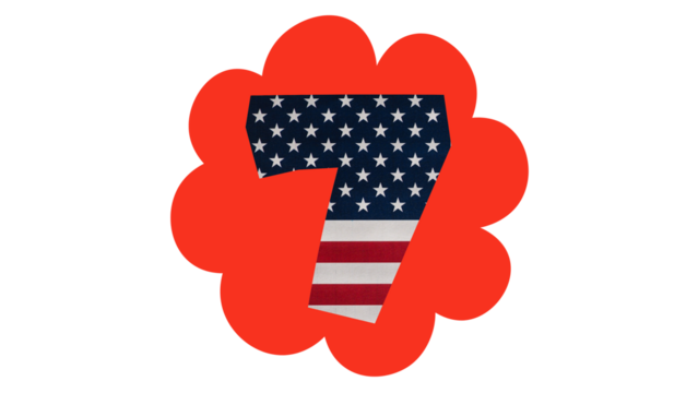 Number seven overlaid with the American flag pattern, surrounded by a red floral shape. - Powered by Adobe