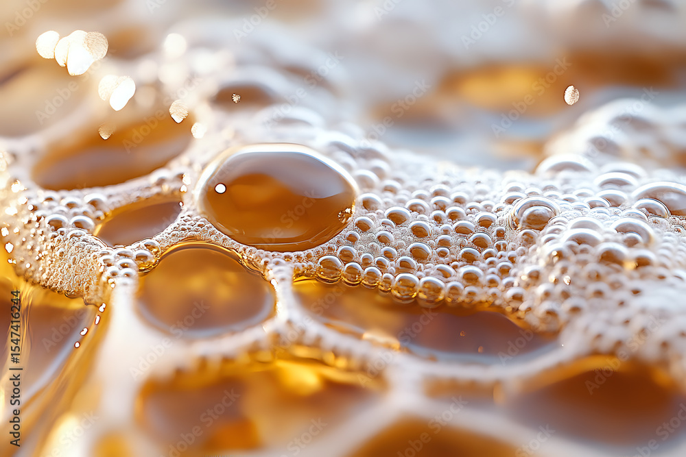 Poster macro photography of golden liquid with white foam bubbles creating abstract pattern. natural soap s