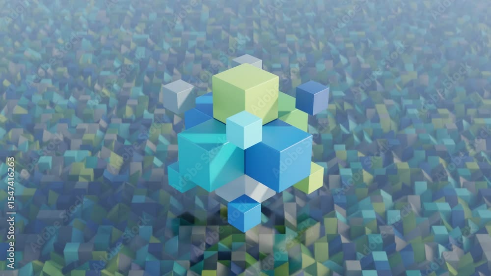 Poster abstract 3d animation of multi-layered gray and teal cube formations in dynamic motion, seamless loo