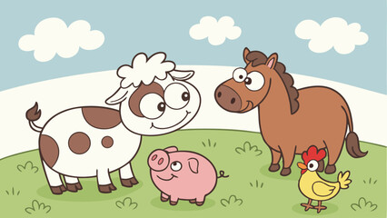Obraz premium Friendly cartoon farm animals vector illustration featuring a happy spotted cow, fluffy sheep, cute pink piglet, brown horse, and yellow chicken on a green meadow with blue sky.