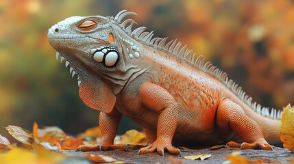 Obraz premium Relaxed iguana basking in autumn leaves