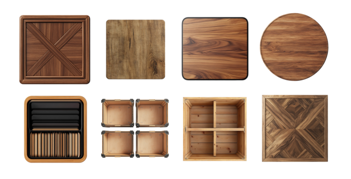 A collection of various wooden surface designs showcasing different textures and shapes, ideal for backgrounds, overlays, and design elements in digital projects.