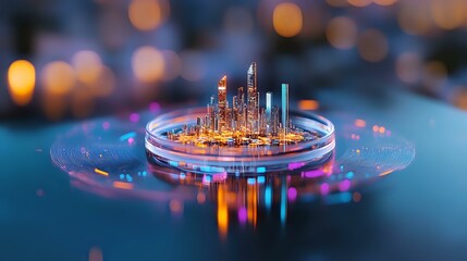 Futuristic miniature cityscape with glowing skyscrapers on circular platform, surrounded by bokeh lights and neon reflections creating magical urban atmosphere.