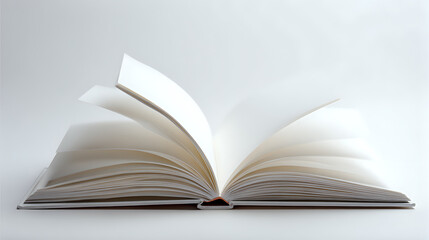 Open blank white book with pages fanned out against light gray background, creating minimalist composition suitable for education, knowledge and literature concepts.