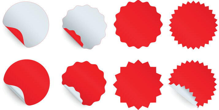 Realistic set white and gold stickers or patches mockup. Blank labels of different shapes round and seal circle. 3d vector