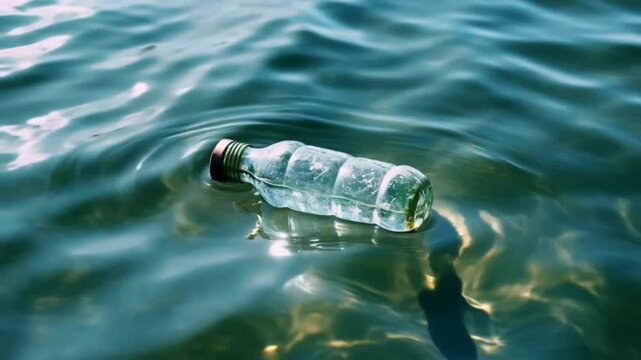 Plastic bottle floating in water, environmental pollution, ocean waste, plastic waste problem, water contamination.