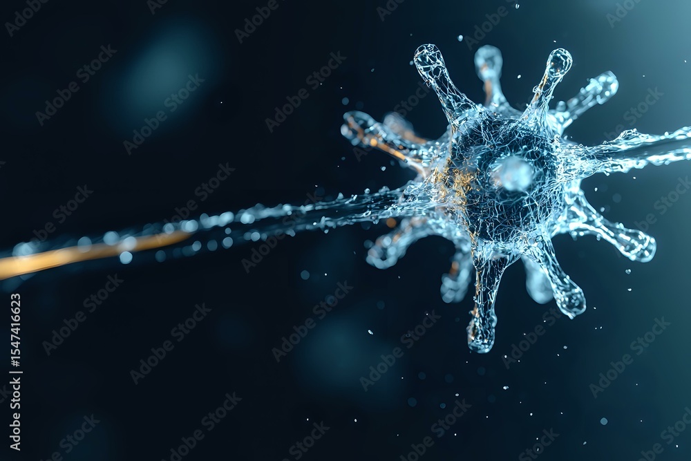 Poster microscopic view of virus cell with spiky crown-like surface floating in dark blue space, detailed s
