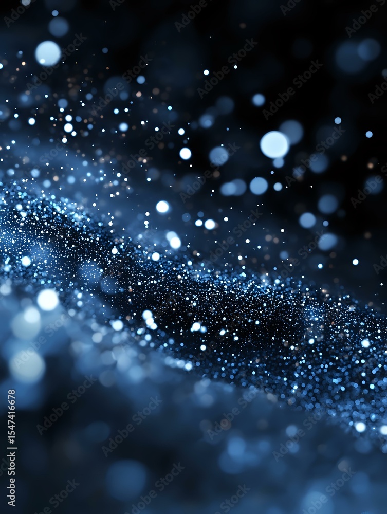 Poster glowing blue bokeh lights and sparkles on dark background create magical atmosphere with blurred par