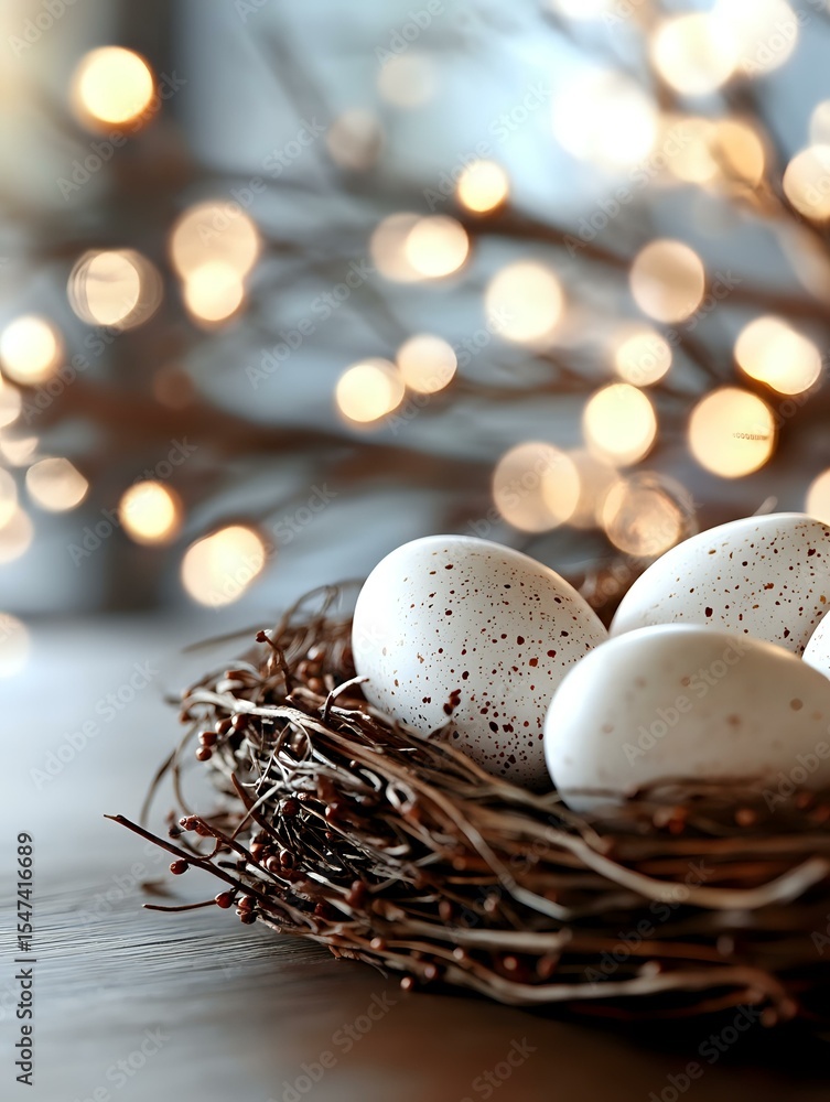 Aufkleber speckled white eggs nestled in rustic twig nest with soft golden bokeh lights creating magical holid