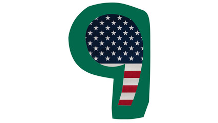 Patriotic American number nine, green border, stars, stripes.