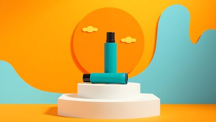 Teal sunscreen bottles on white display platform summer theme