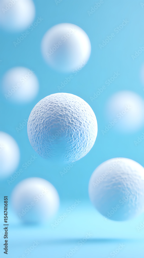 Poster white textured spheres floating in blue space with soft focus background, creating minimalist compos