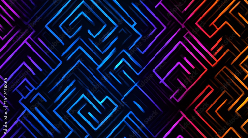 Poster vibrant neon maze pattern with gradient colors from blue to purple and orange, creating dynamic geom