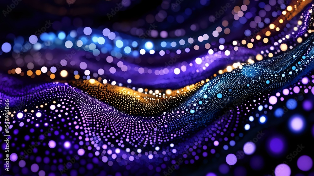 Poster glowing abstract wave pattern with sparkling particles in purple, blue and gold colors creating dyna