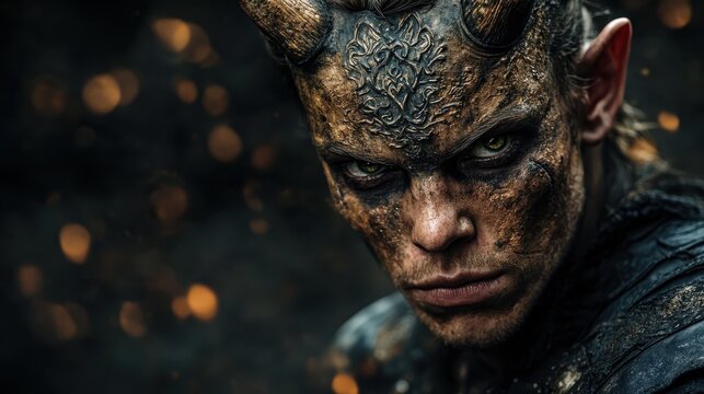 A fierce and intense portrait of a horned character with intricate facial markings set against a dark backdrop, conveying strength and a dramatic fantasy theme.