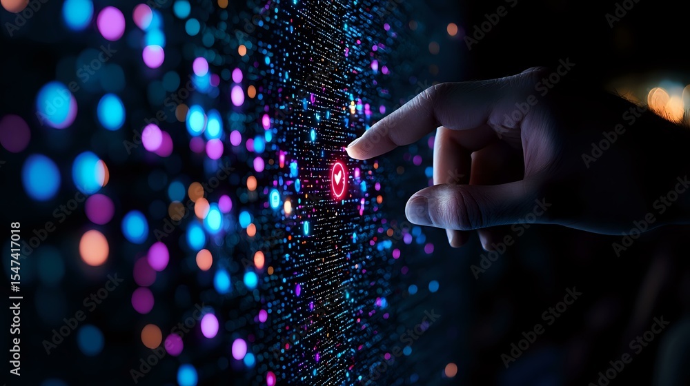Poster hand touching glowing digital interface with colorful bokeh lights in dark background, representing 