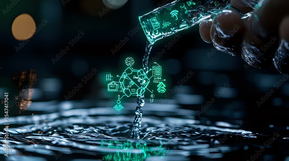 Poster glowing green digital figures emerge from liquid splash against dark background with bokeh lights, c