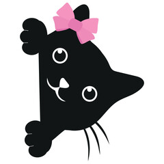 Illustration of cute black cat with pink bow isolated on white background.