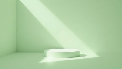 Minimalist green room with white cylinder display stand