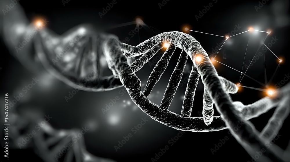 Poster glowing dna strand structure on dark background with orange light effects and connecting dots repres