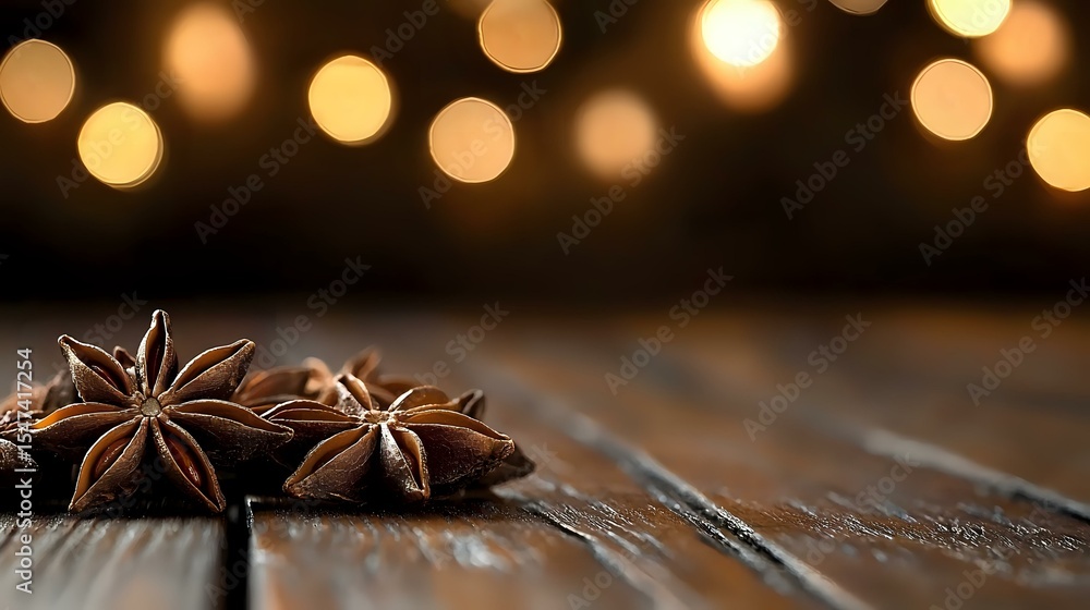 Poster star anise spice on rustic wooden table with blurred golden bokeh lights in background creating cozy