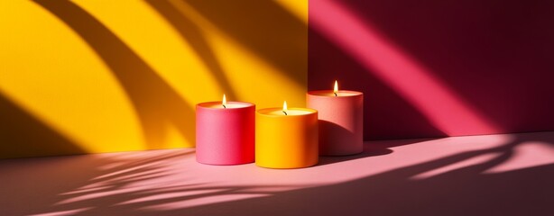 Several lit candles in various shades of pink, orange, and peach rest on a pink surface. The candles emit a warm glow against a backdrop of yellow and red walls. Plant shadows are visible on the wall.