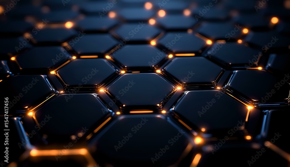 Poster glowing hexagonal grid pattern with orange light points at intersections creates futuristic technolo